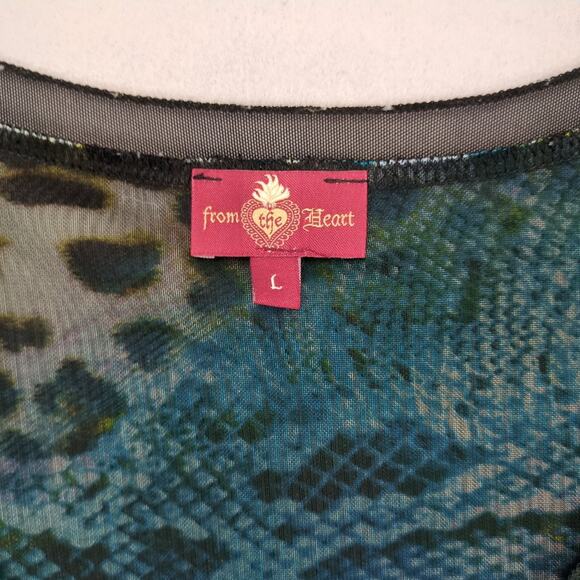 From The Heart Fairy Grunge Sheer Dress Sz L Peacock Animal Print Asymmetrical - Picture 2 of 6